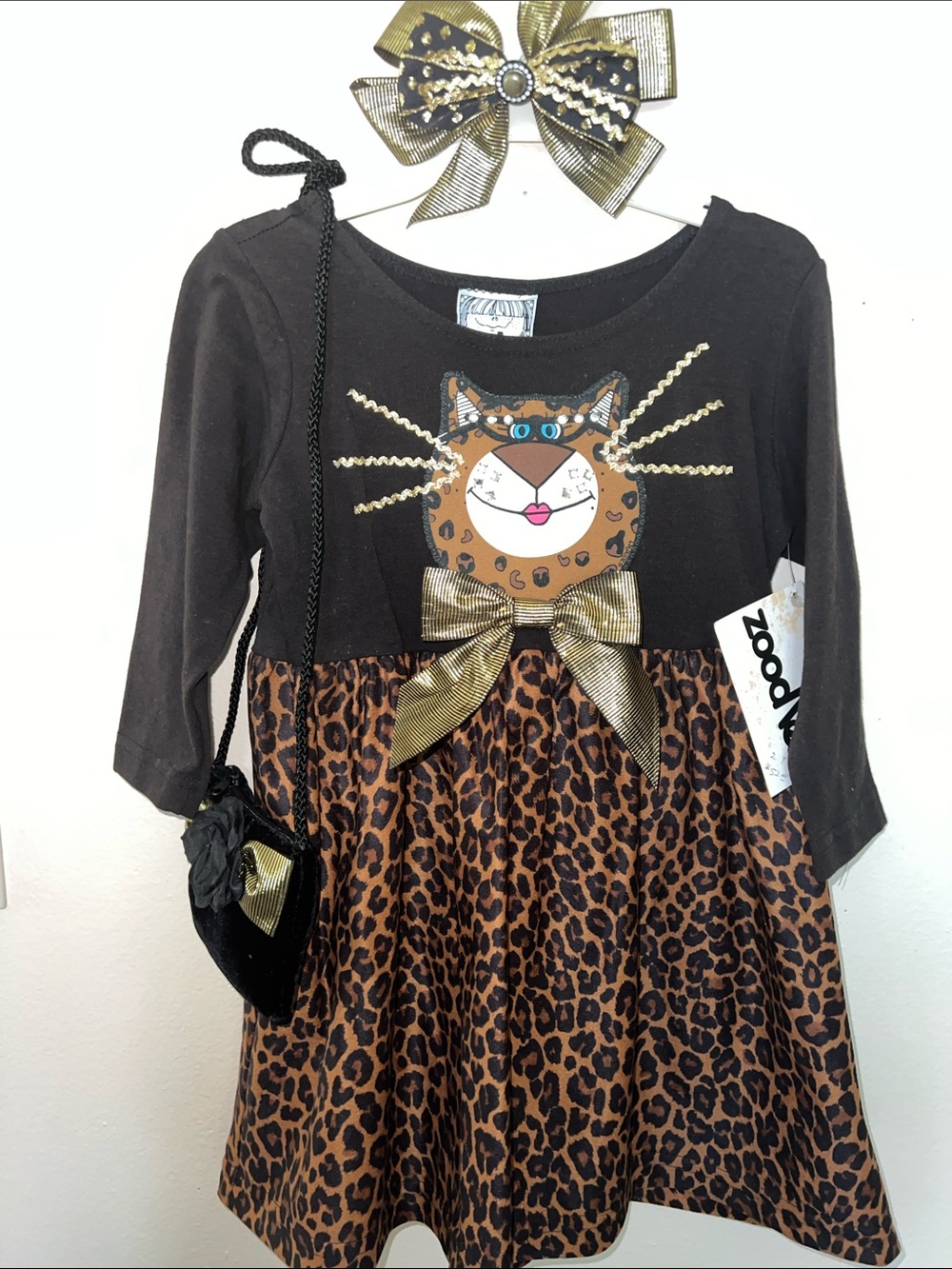 Zoodles Vintage Leopard Print Dress, with purse, socks and hair bow. Purrfect
